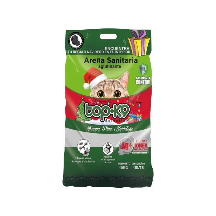Arena Sanitaria Aglutinante TopK9 10kg con Iones de Plata Pino Navideño