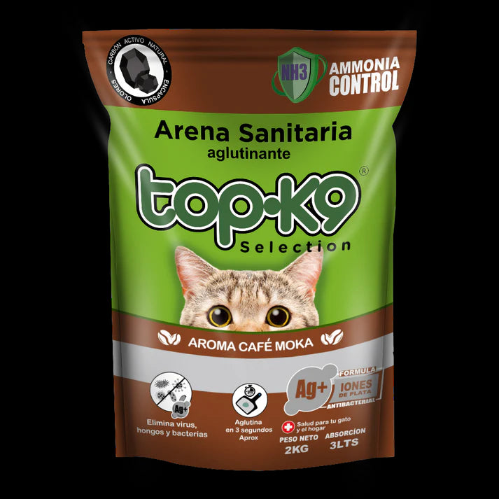 Arena Sanitaria Aglutinante TopK9 10kg con Iones de Plata Café Moka