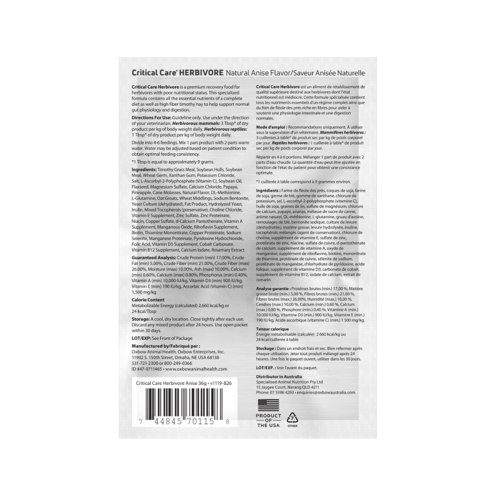 Alimento de Recuperación Critical Care 36g Anís Oxbow