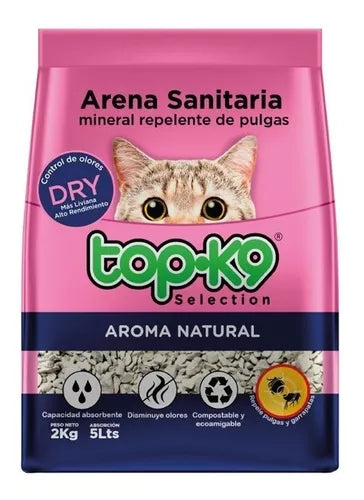 Arena Sanitaria Mineral TopK9 2Kg/5lt Repelente de Pulgas