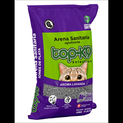 Arena Sanitaria Aglutinante TopK9 25kg con Iones de Plata Lavanda