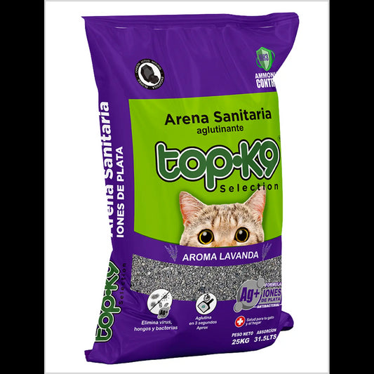 Arena Sanitaria Aglutinante TopK9 25kg con Iones de Plata Lavanda