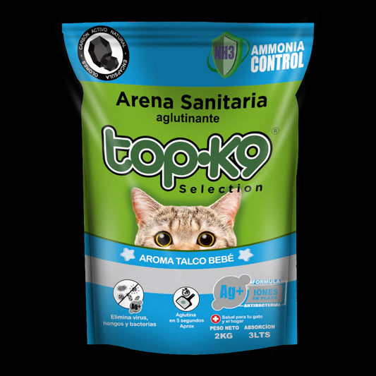 Arena Sanitaria Aglutinante TopK9 10kg con Iones de Plata Talco de Bebe