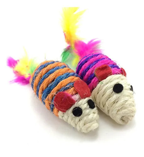 Juguete 2 Ratones de Sizal con Plumas 7cm