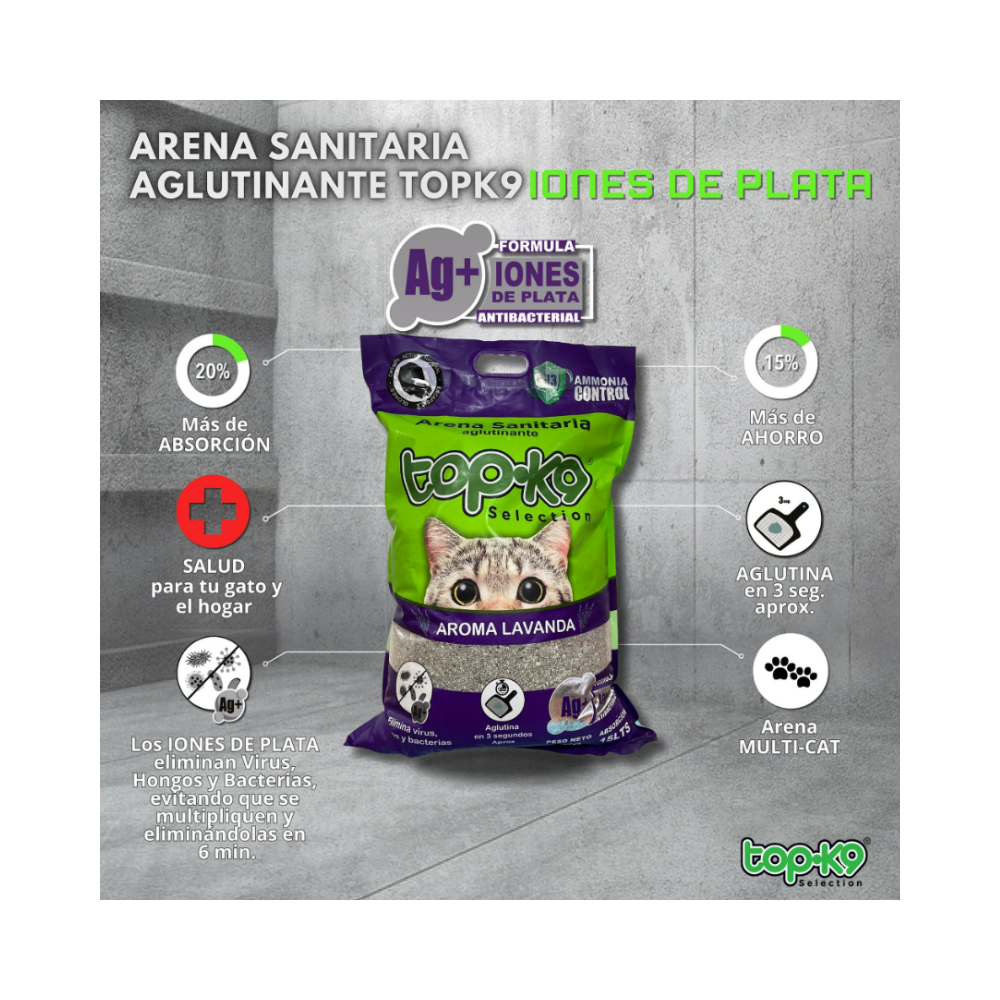 Arena Sanitaria Aglutinante TopK9 10kg/12,5lt con iones de plata y carbón Aroma Lavanda