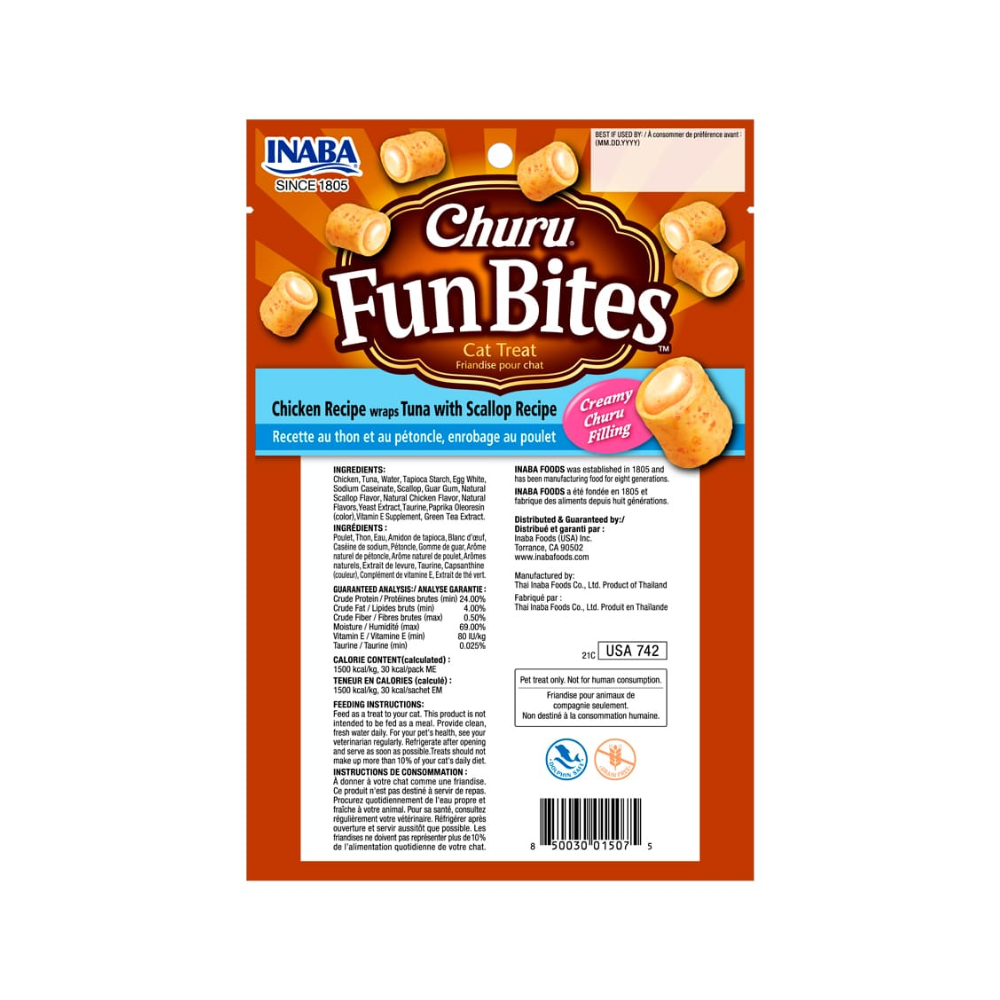 Churu Fun Bites pollo con atún y ostión 60g/20g x3 Sachets